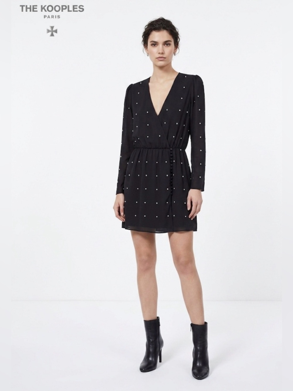 NWT The Kooples Black Crystal Embellished Faux Wrap Mini Dress - Size 2